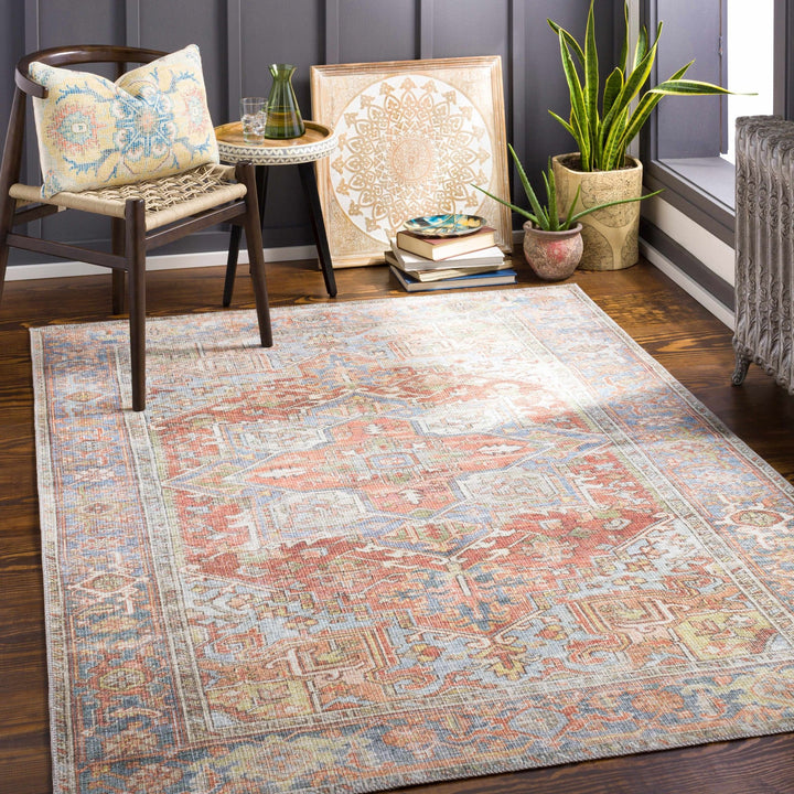 Rust, Silver and Blue Traditional Medallion design Machine Washable Rug - The Rug Decor