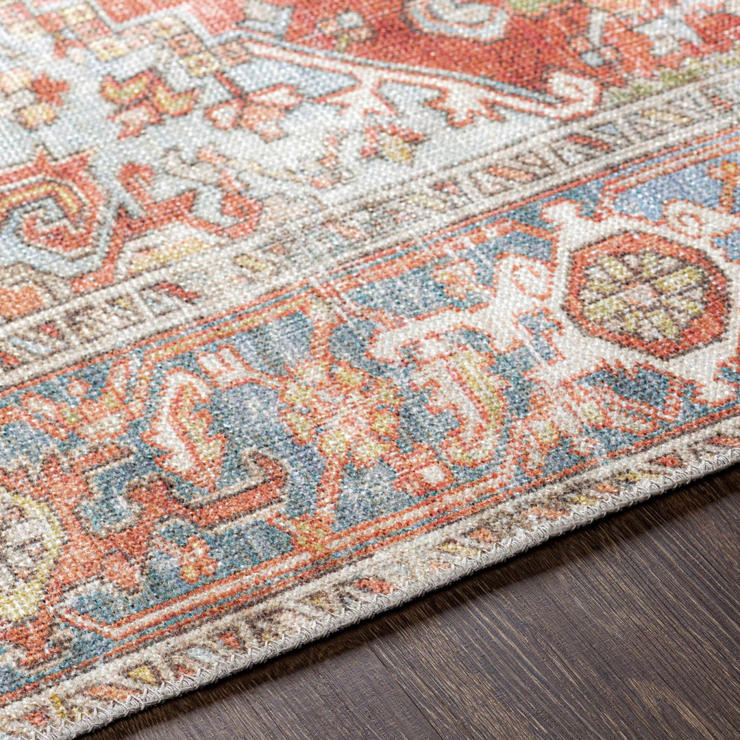 Rust, Silver and Blue Traditional Medallion design Machine Washable Rug - The Rug Decor