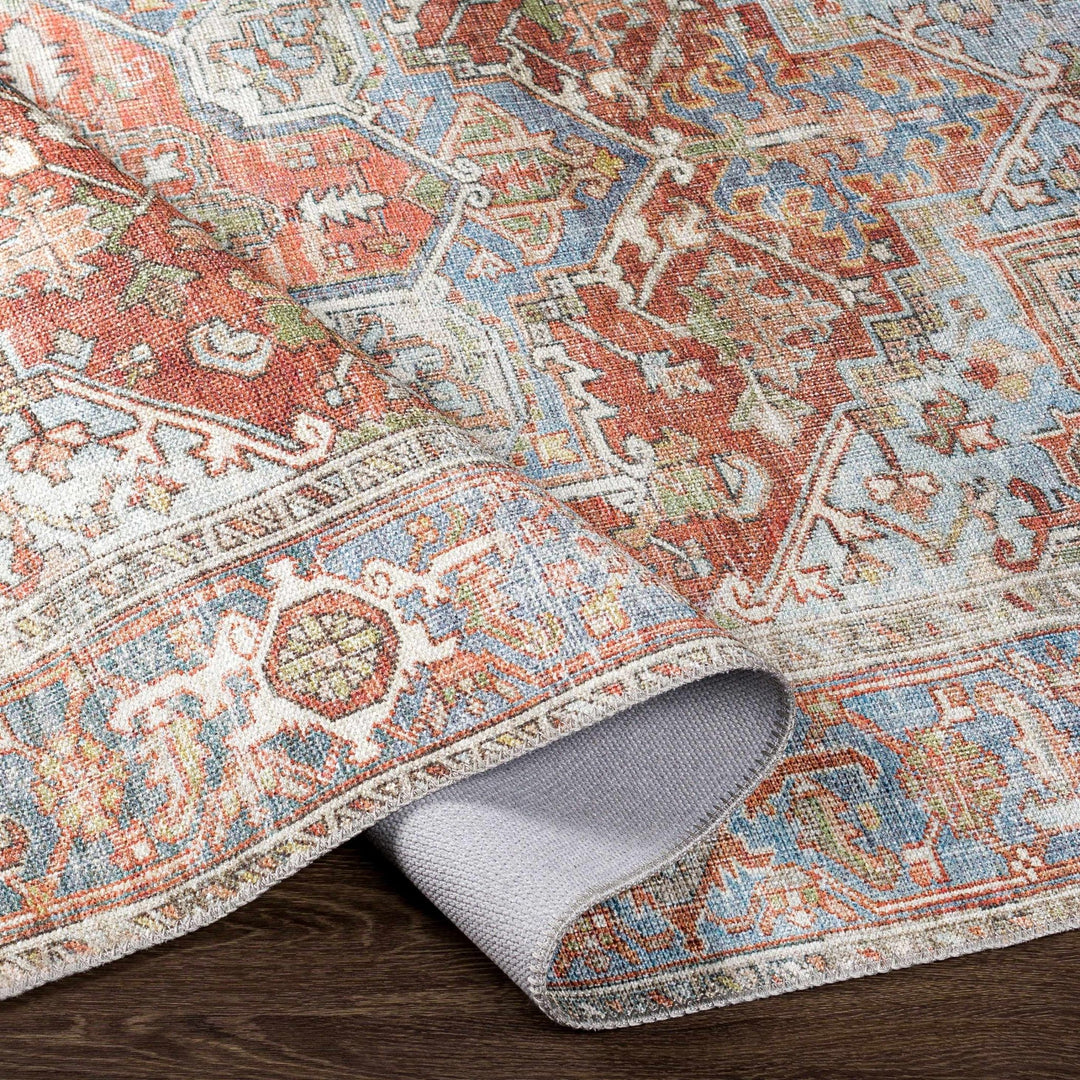 Rust, Silver and Blue Traditional Medallion design Machine Washable Rug - The Rug Decor