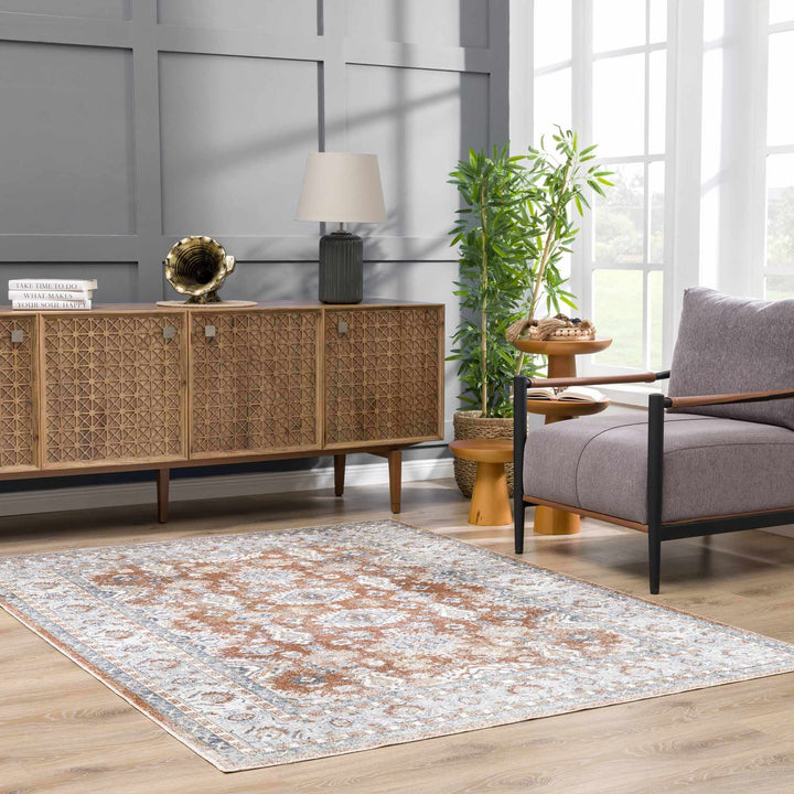 Rust, Silver and Charcoal Traditional Oushak Washable Area Rug - The Rug Decor