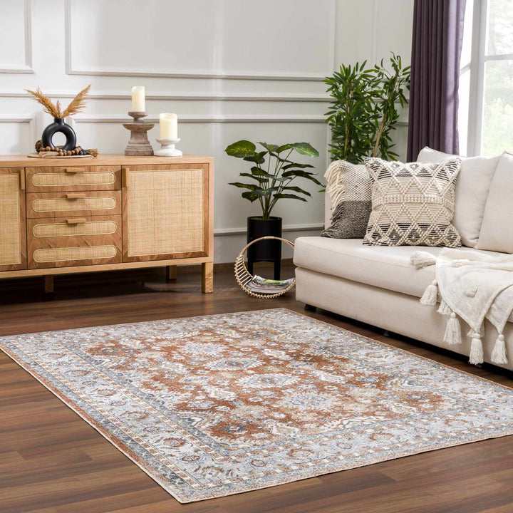 Rust, Silver and Charcoal Traditional Oushak Washable Area Rug - The Rug Decor