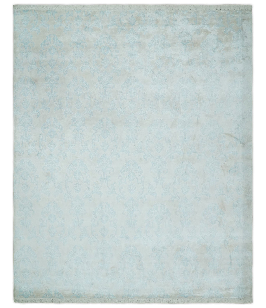 Silky 8x10 Silver and Aqua Handmade Floral Design Art Silk Area Rug | AE26810 - The Rug Decor