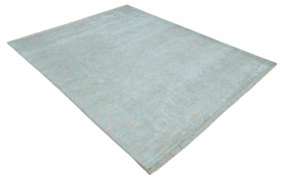 Silky 8x10 Silver and Aqua Handmade Floral Design Art Silk Area Rug | AE26810 - The Rug Decor