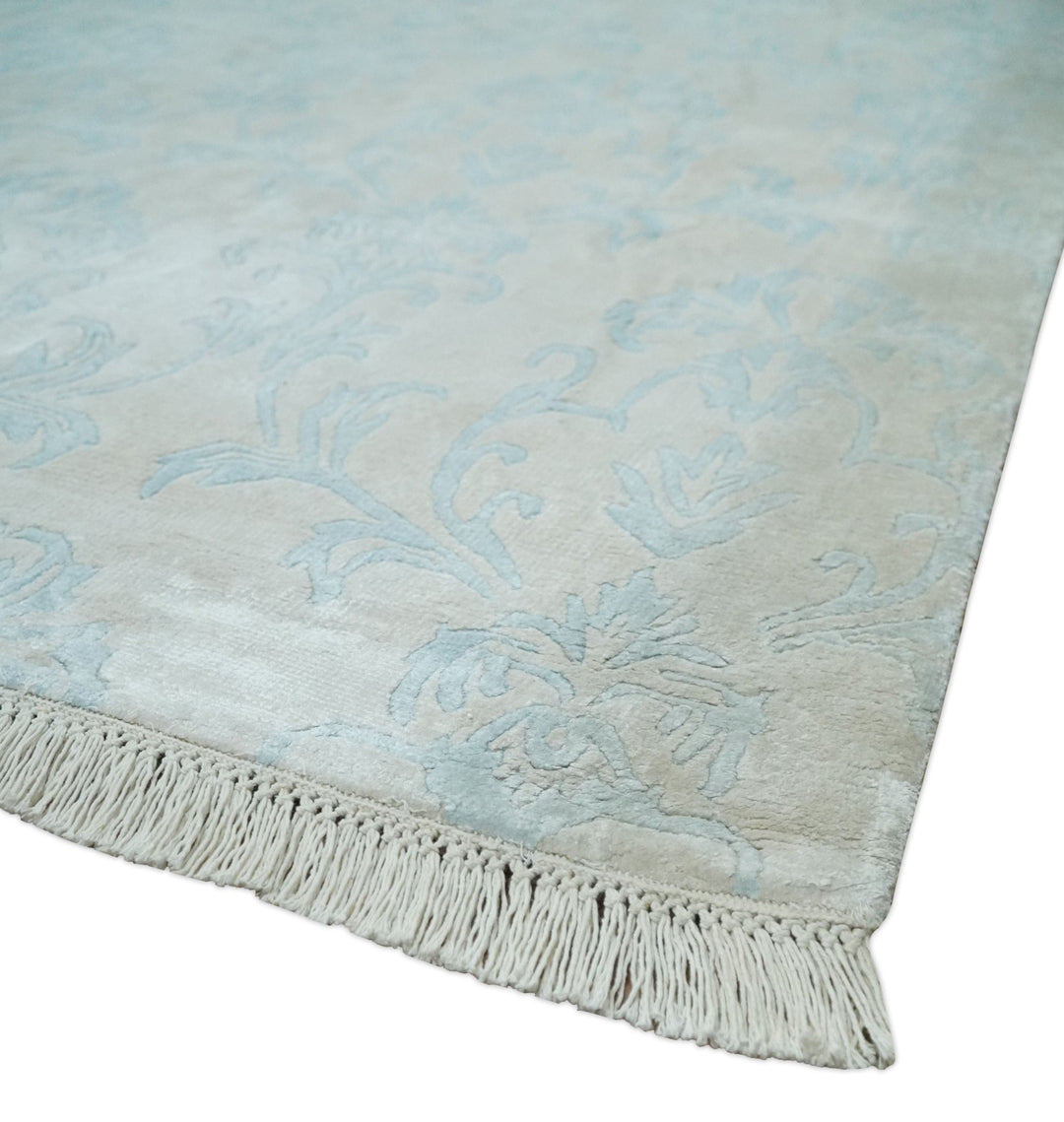 Silky 8x10 Silver and Aqua Handmade Floral Design Art Silk Area Rug | AE26810 - The Rug Decor