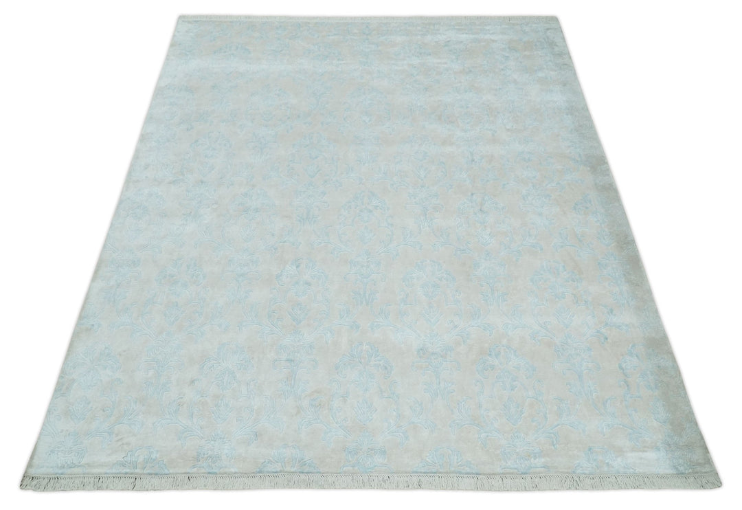 Silky 8x10 Silver and Aqua Handmade Floral Design Art Silk Area Rug | AE26810 - The Rug Decor