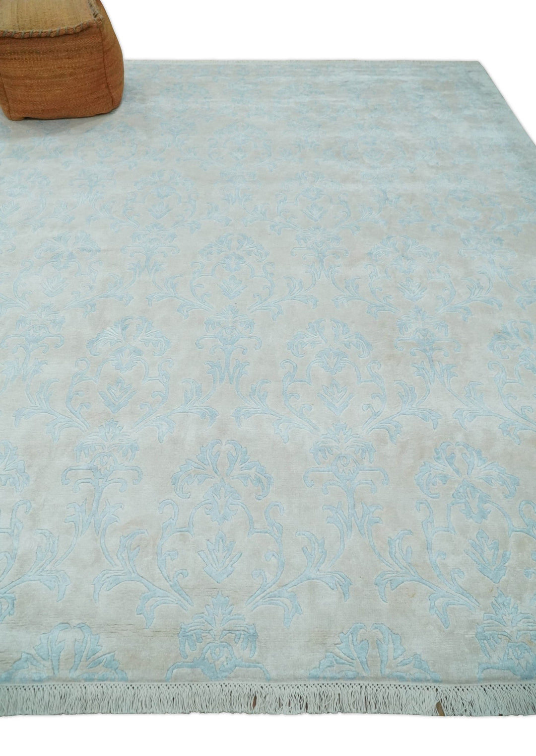 Silky 8x10 Silver and Aqua Handmade Floral Design Art Silk Area Rug | AE26810 - The Rug Decor