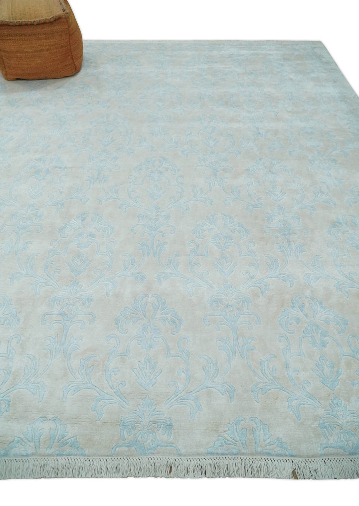 Silky 8x10 Silver and Aqua Handmade Floral Design Art Silk Area Rug | AE26810 - The Rug Decor