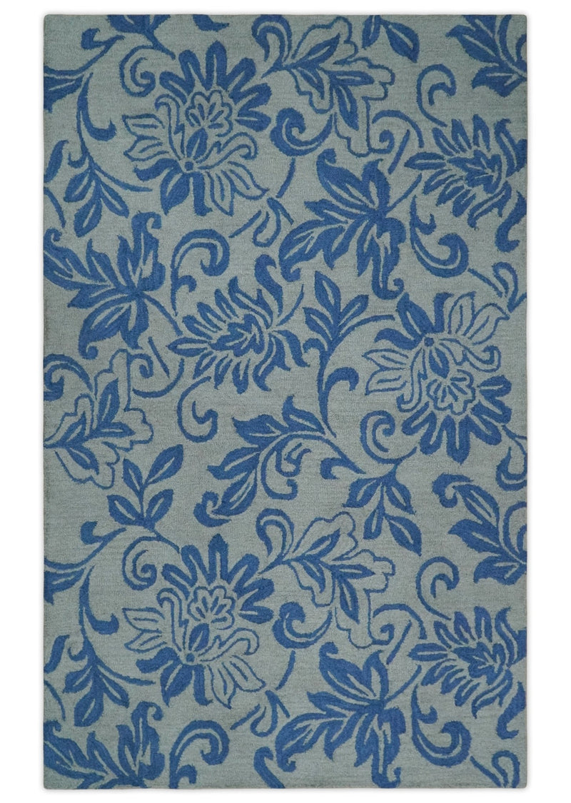 Silver and Blue Multi Size Hand Tufted Floral Farmhouse Wool Area Rug - The Rug Decor