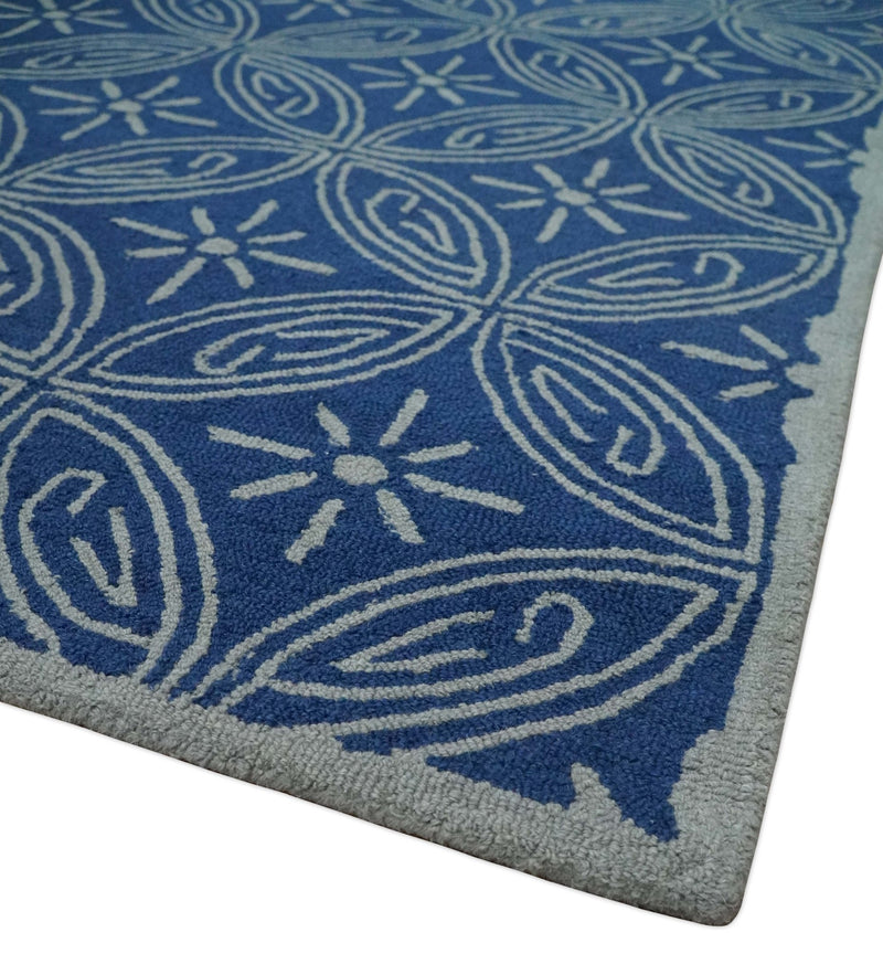 Silver and Blue Multi Size Hand Tufted Tribal Pattern Wool Area Rug - The Rug Decor