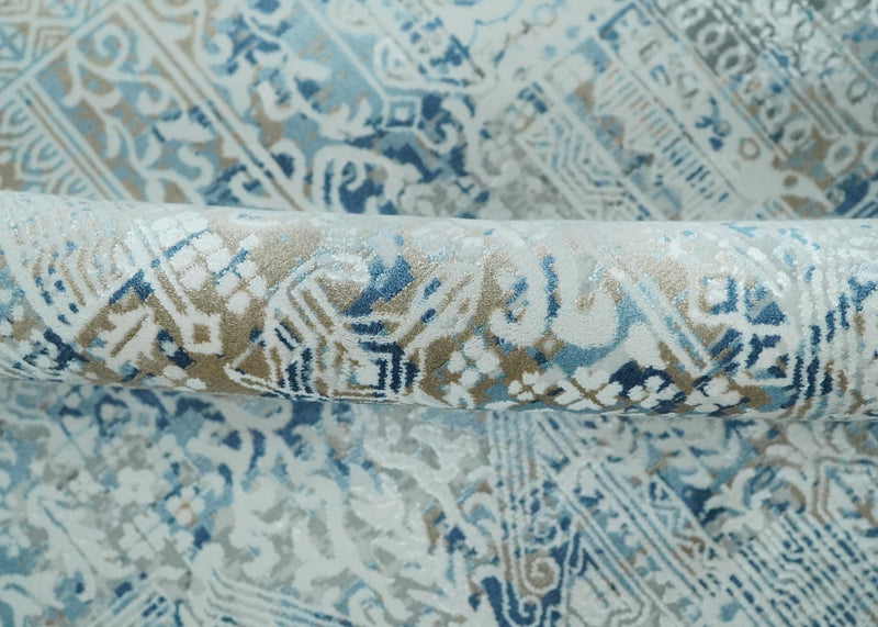 Silver, Blue and Olive Antique Finish, Vintage look, Art Silk Area Rug, Living Room Rug | TRDMM3 - The Rug Decor