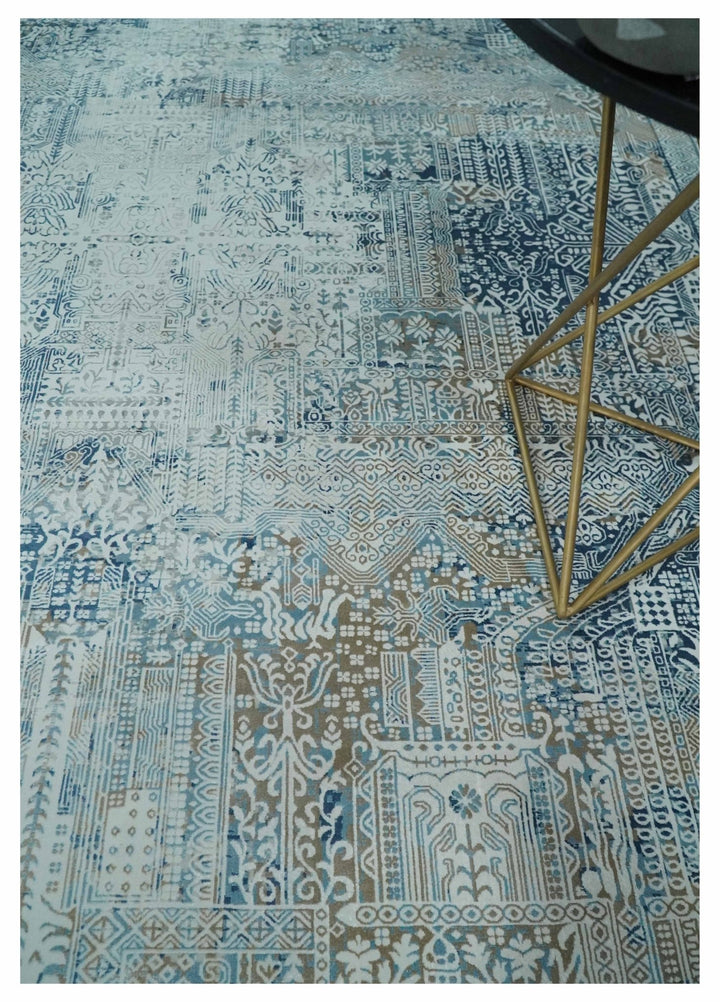 Silver, Blue and Olive Antique Finish, Vintage look, Art Silk Area Rug, Living Room Rug | TRDMM3 - The Rug Decor