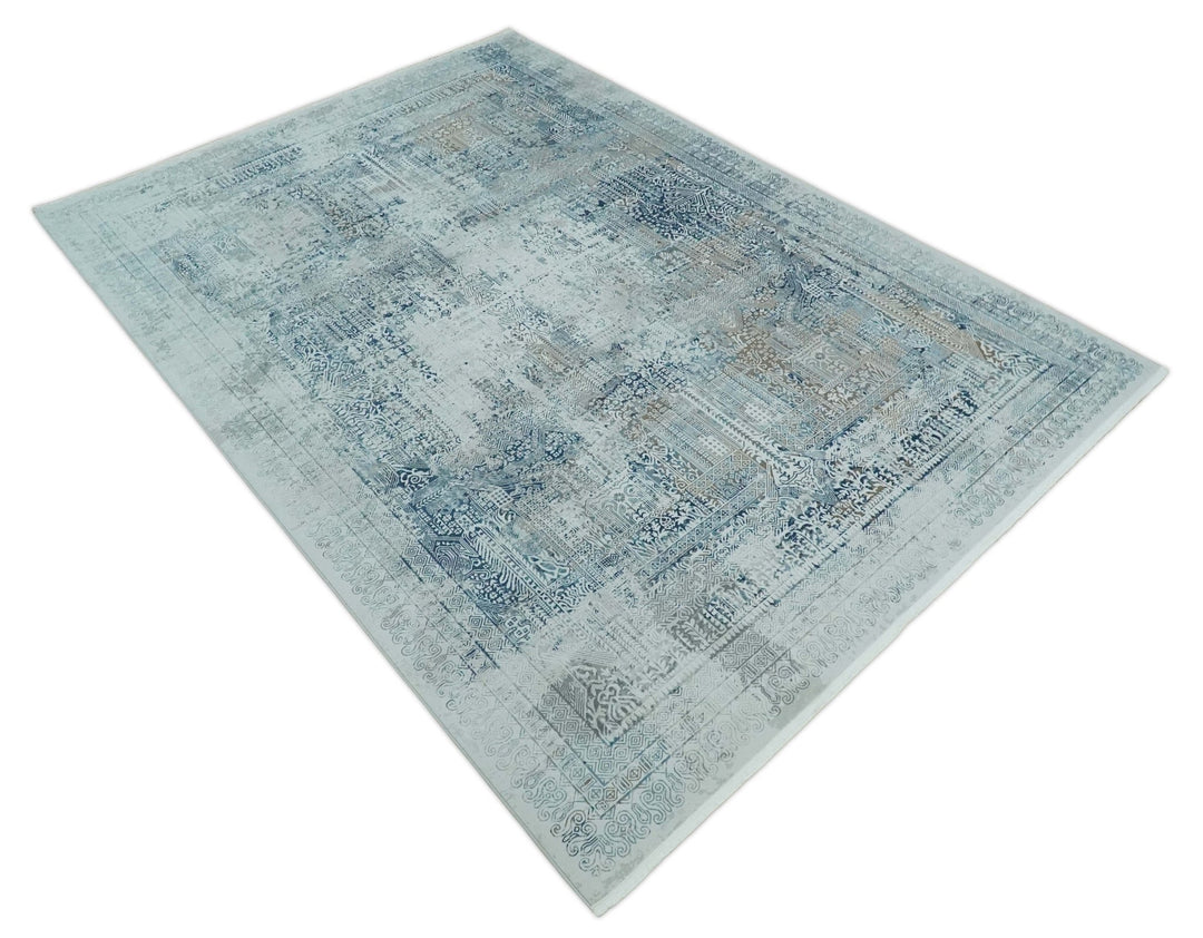 Silver, Blue and Olive Antique Finish, Vintage look, Art Silk Area Rug, Living Room Rug | TRDMM3 - The Rug Decor