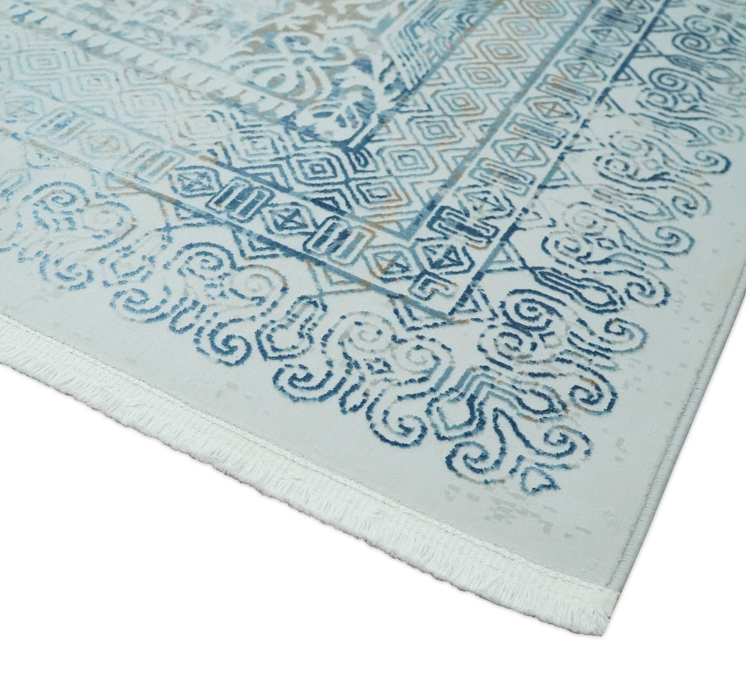 Silver, Blue and Olive Antique Finish, Vintage look, Art Silk Area Rug, Living Room Rug | TRDMM3 - The Rug Decor