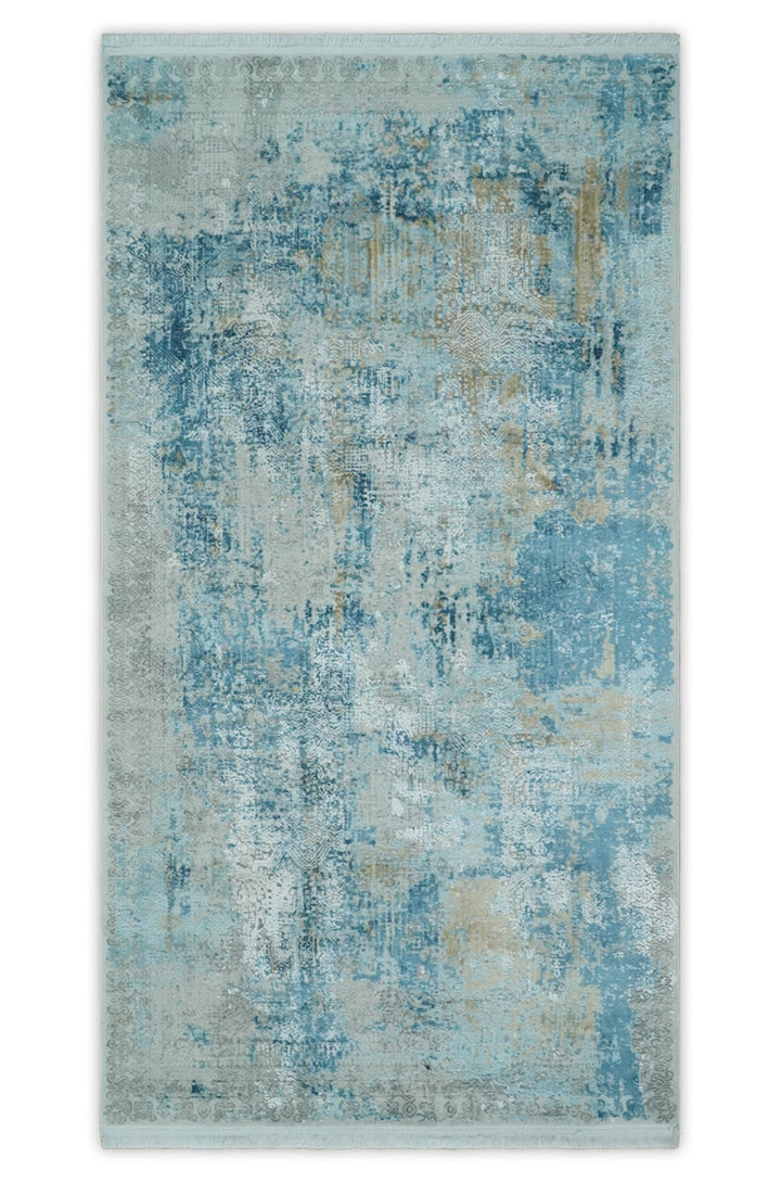Silver, Blue and Olive Antique Finish, Vintage look, Art Silk Area Rug, Living Room Rug | TRDMM3 - The Rug Decor