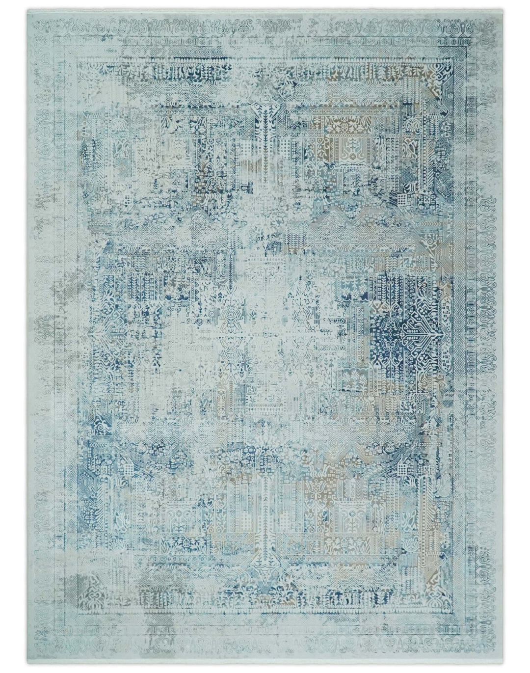 Silver, Blue and Olive Antique Finish, Vintage look, Art Silk Area Rug, Living Room Rug | TRDMM3 - The Rug Decor