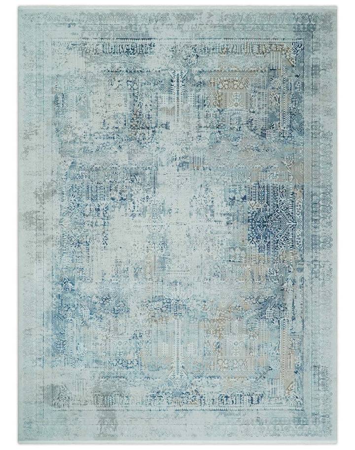 Silver, Blue and Olive Antique Finish, Vintage look, Art Silk Area Rug, Living Room Rug | TRDMM3 - The Rug Decor