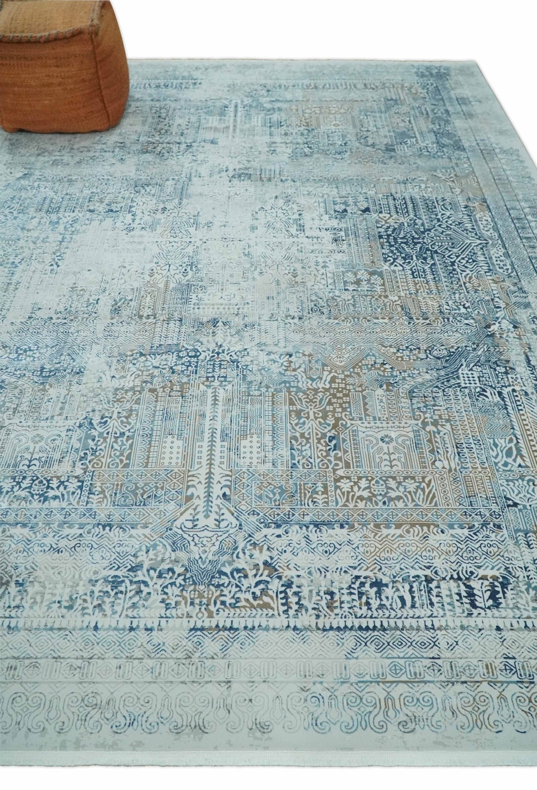 Silver, Blue and Olive Antique Finish, Vintage look, Art Silk Area Rug, Living Room Rug | TRDMM3 - The Rug Decor