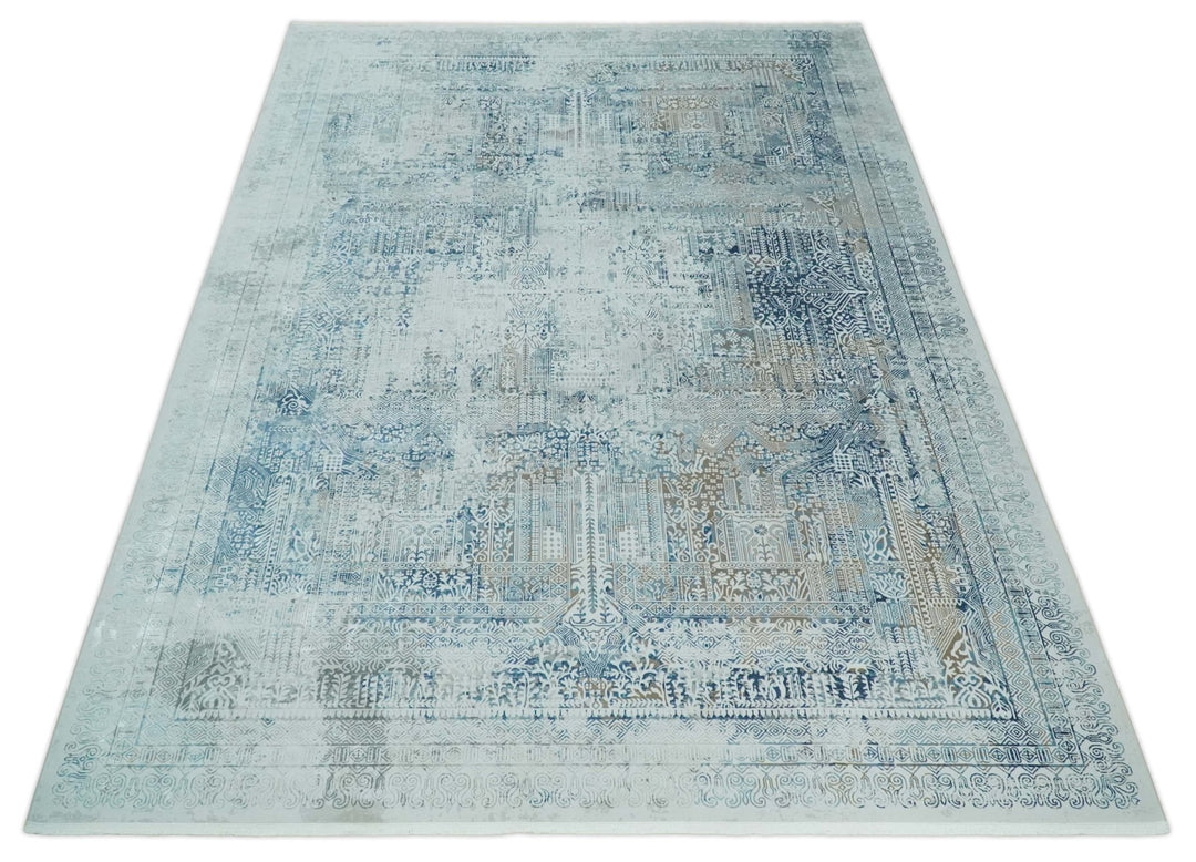 Silver, Blue and Olive Antique Finish, Vintage look, Art Silk Area Rug, Living Room Rug | TRDMM3 - The Rug Decor