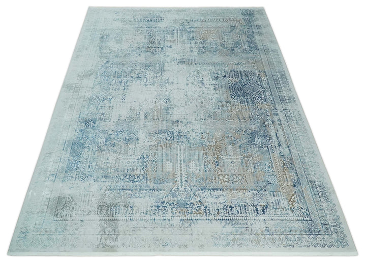 Silver, Blue and Olive Antique Finish, Vintage look, Art Silk Area Rug, Living Room Rug | TRDMM3 - The Rug Decor