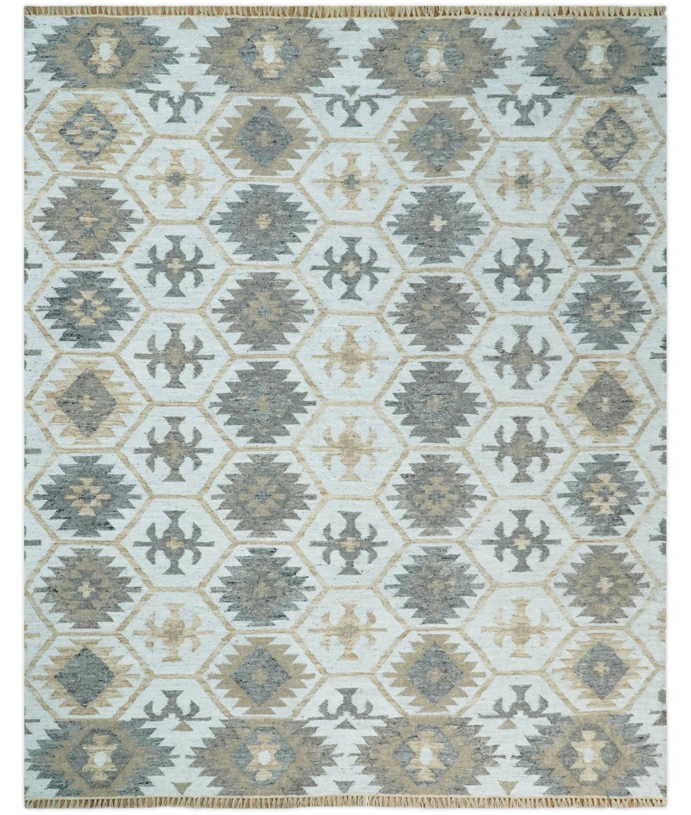 Silver, Brown and Gray Kilim Rug made with Fine wool and Viscose | SE4 - The Rug Decor