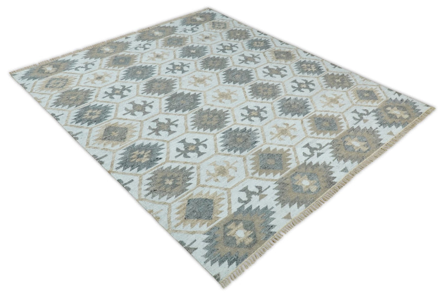 Silver, Brown and Gray Kilim Rug made with Fine wool and Viscose | SE4 - The Rug Decor