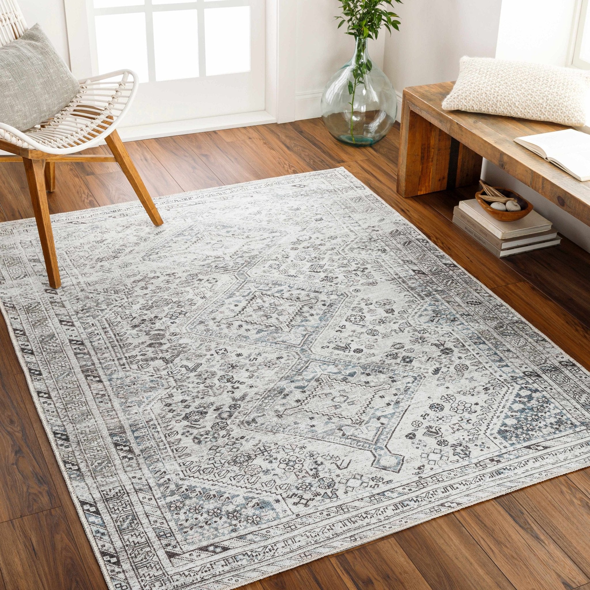 Silver, Gray and Charcoal Traditional Machine Washable Turkish Rug