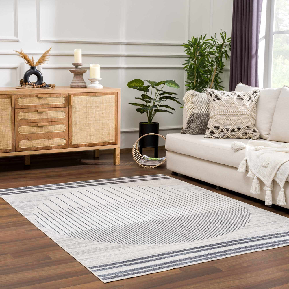 Silver, Ivory and Charcoal Geometrical Stripes Pattern washable Design Rug - The Rug Decor