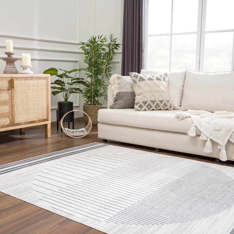 Silver, Ivory and Charcoal Geometrical Stripes Pattern washable Design Rug - The Rug Decor