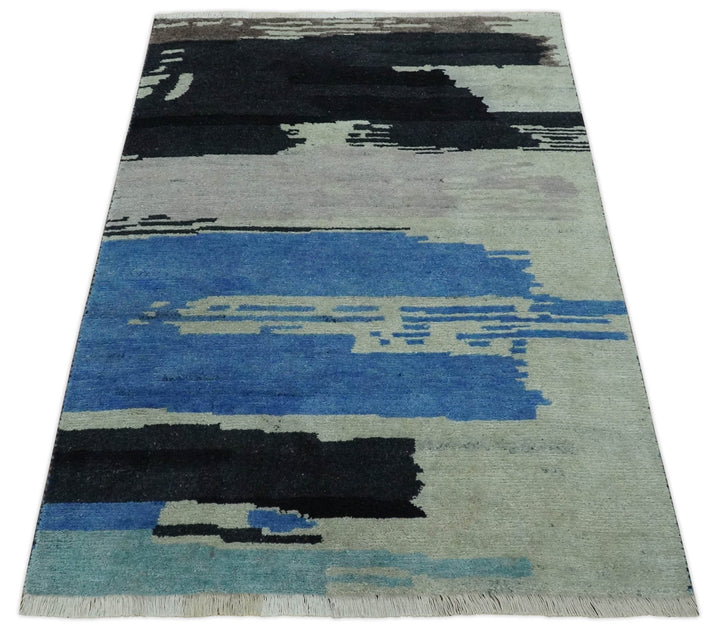 Silver, Ivory, Blue and charcoal Modern Abstract Hand loom 4x6 wool area Rug - The Rug Decor