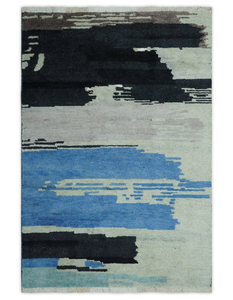 Silver, Ivory, Blue and charcoal Modern Abstract Hand loom 4x6 wool area Rug - The Rug Decor