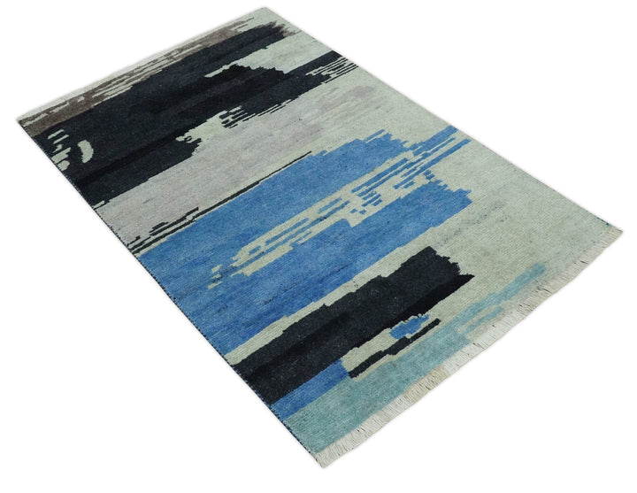 Silver, Ivory, Blue and charcoal Modern Abstract Hand loom 4x6 wool area Rug - The Rug Decor