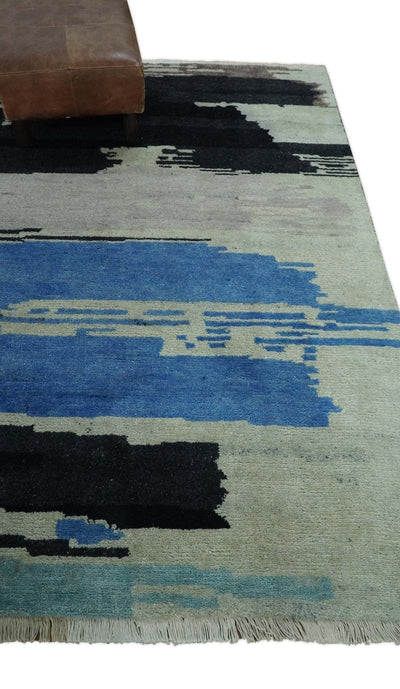 Silver, Ivory, Blue and charcoal Modern Abstract Hand loom 4x6 wool area Rug - The Rug Decor