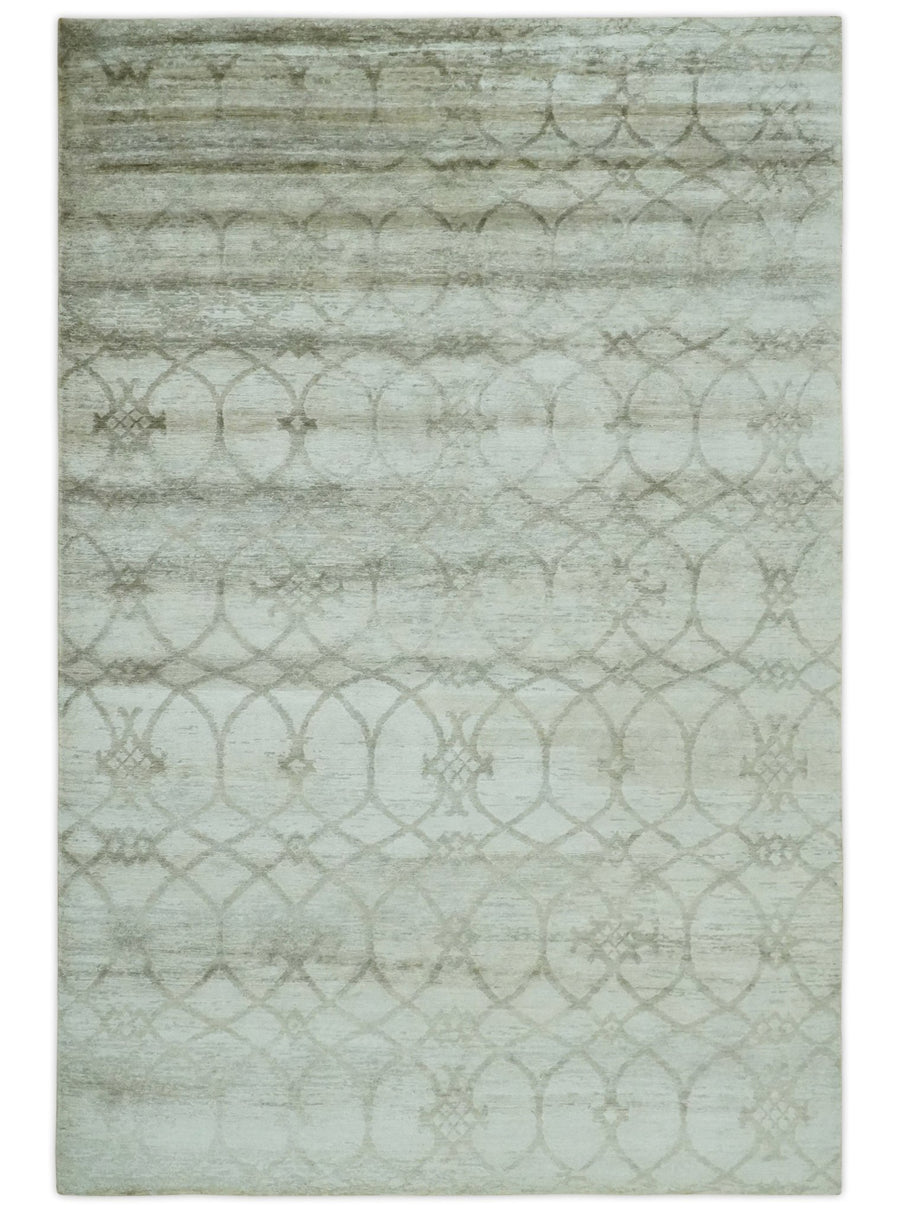 Silver, Olive and Gray Traditional Ikat Design 6x9 Hand loom Bamboo Silk Area Rug - The Rug Decor