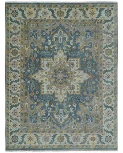 Silver, Teal and Taupe Hand knotted Traditional Heriz Serapi 9x12 Wool Area Rug - The Rug Decor