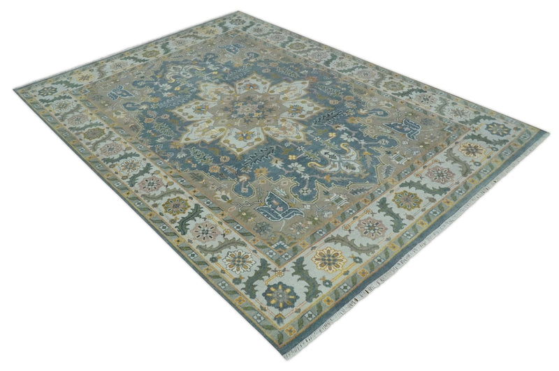 Silver, Teal and Taupe Hand knotted Traditional Heriz Serapi 9x12 Wool Area Rug - The Rug Decor