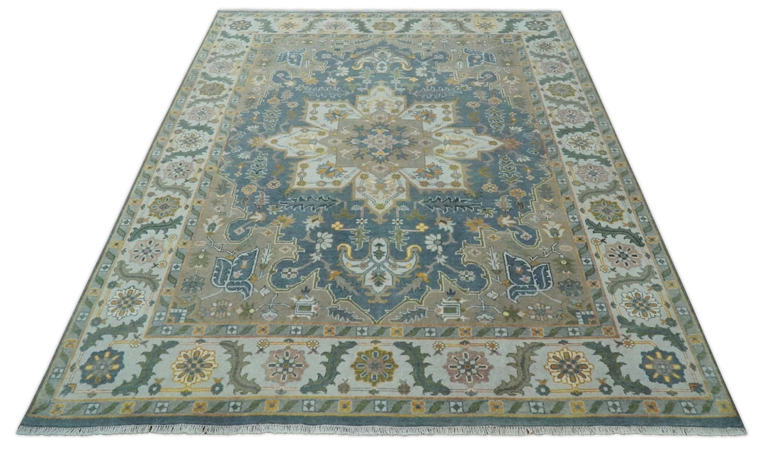 Silver, Teal and Taupe Hand knotted Traditional Heriz Serapi 9x12 Wool Area Rug - The Rug Decor
