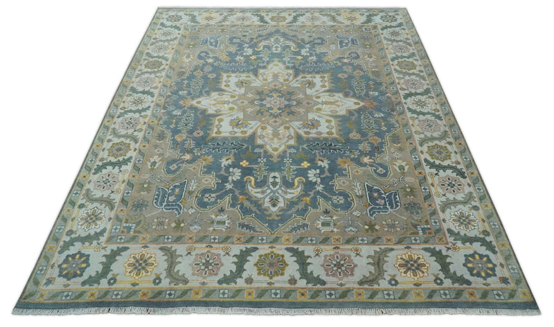 Silver, Teal and Taupe Hand knotted Traditional Heriz Serapi 9x12 Wool Area Rug - The Rug Decor