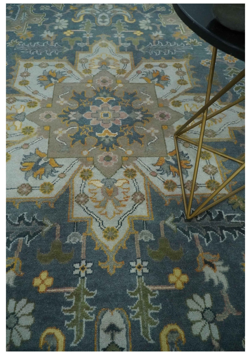 Silver, Teal and Taupe Hand knotted Traditional Heriz Serapi 9x12 Wool Area Rug - The Rug Decor