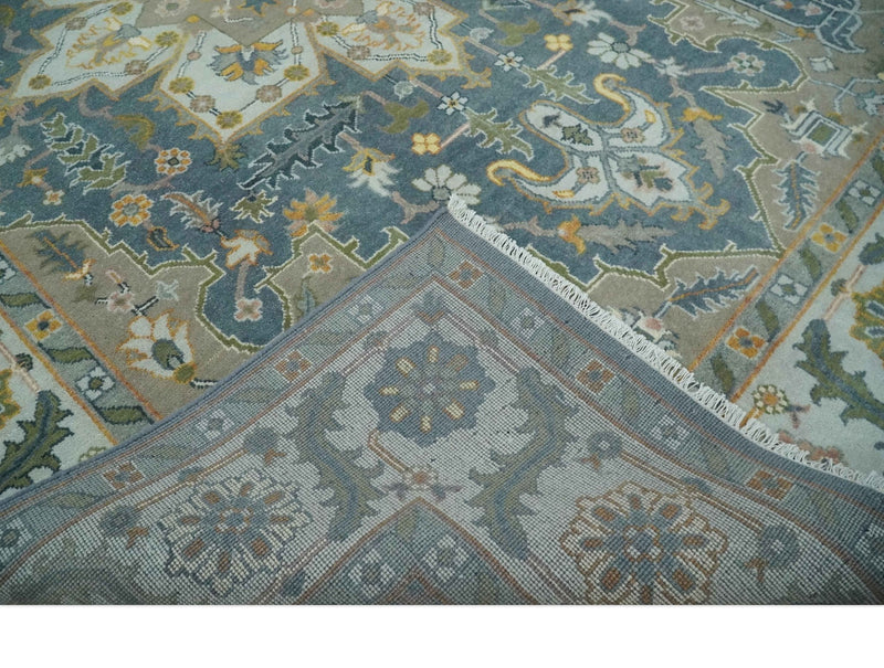 Silver, Teal and Taupe Hand knotted Traditional Heriz Serapi 9x12 Wool Area Rug - The Rug Decor