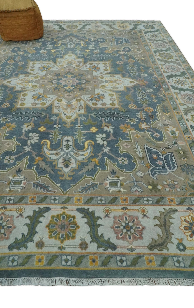 Silver, Teal and Taupe Hand knotted Traditional Heriz Serapi 9x12 Wool Area Rug - The Rug Decor