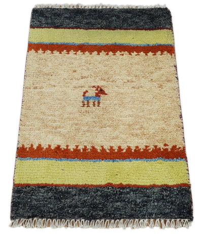 Small 1.5x2 Beige, Blue and Green Wool Hand Knotted traditional Persian Vintage Antique Southwestern Gabbeh Rug| TRDCP308152 - The Rug Decor