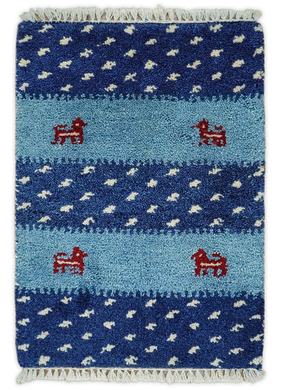 Small 1.5x2 Blue and White Wool Hand Knotted traditional Persian Vintage Antique Southwestern Gabbeh Rug| TRDCP310152 - The Rug Decor