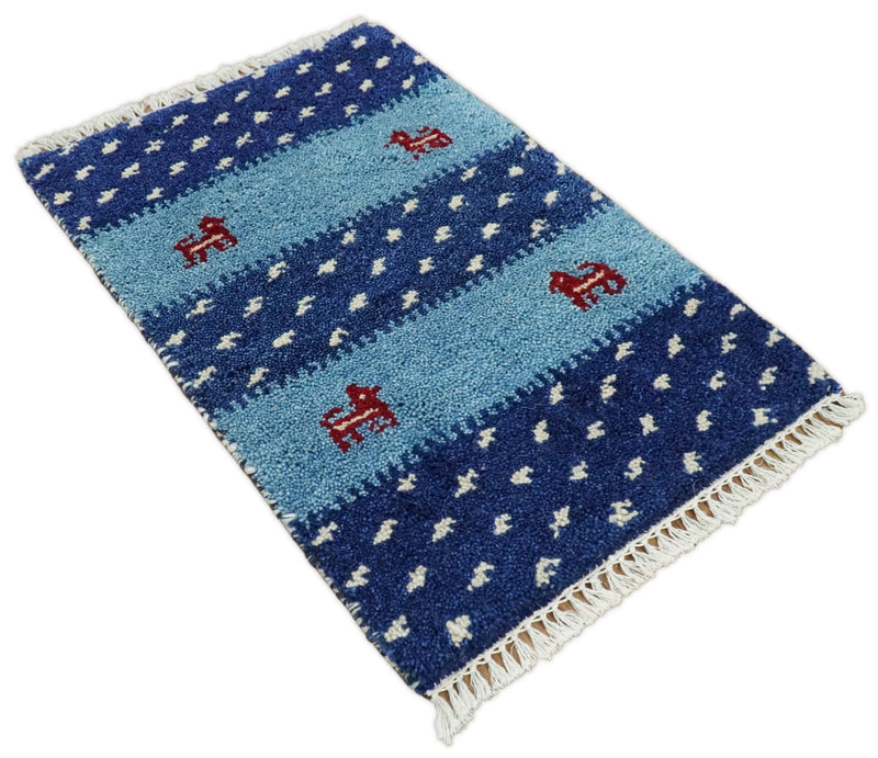 Small 1.5x2 Blue and White Wool Hand Knotted traditional Persian Vintage Antique Southwestern Gabbeh Rug| TRDCP310152 - The Rug Decor