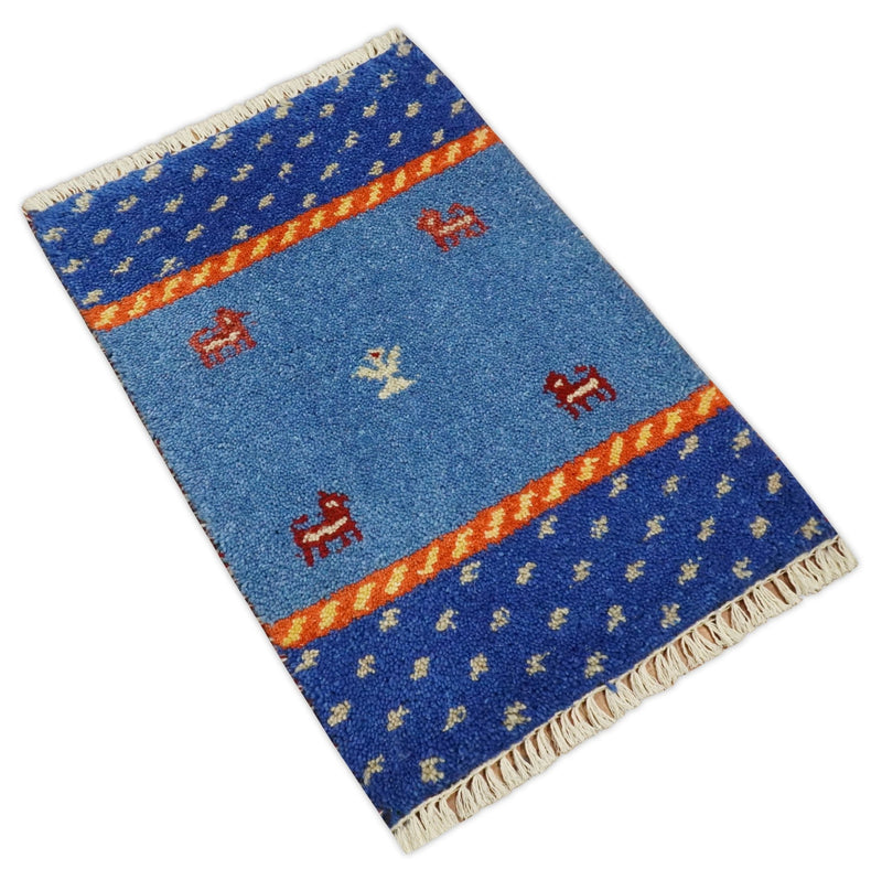 Small 1.5x2 Blue, Rust and Beige Wool Hand Knotted traditional Persian Vintage Antique Southwestern Gabbeh Rug| TRDCP596152 - The Rug Decor