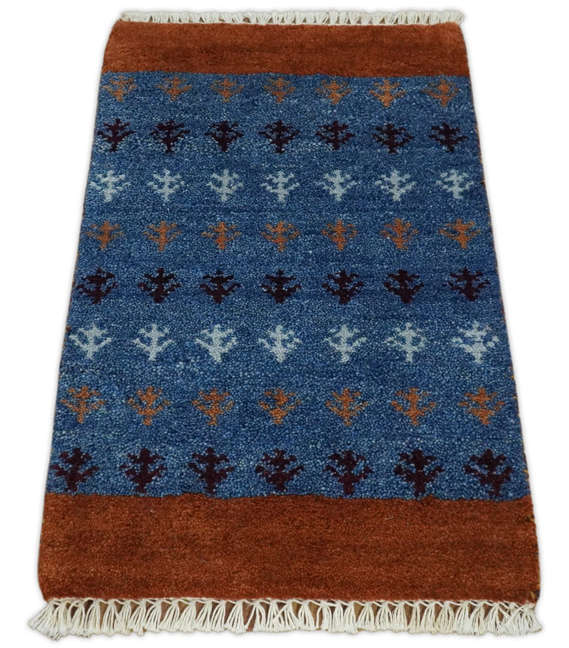 Small 1.5x2 Brown and Blue Wool Hand Knotted traditional Vintage Antique Southwestern Tribal Gabbeh | TRDCP354152 - The Rug Decor