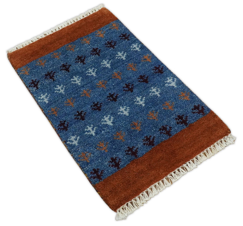 Small 1.5x2 Brown and Blue Wool Hand Knotted traditional Vintage Antique Southwestern Tribal Gabbeh | TRDCP354152 - The Rug Decor