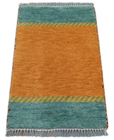 Small 1.5x2 Gold and Blue Wool Hand Knotted traditional Vintage Antique Southwestern Tribal Gabbeh | TRDCP355152 - The Rug Decor