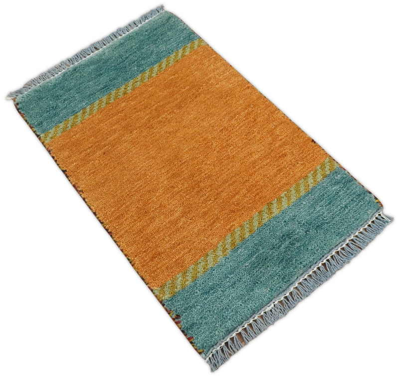Small 1.5x2 Gold and Blue Wool Hand Knotted traditional Vintage Antique Southwestern Tribal Gabbeh | TRDCP355152 - The Rug Decor