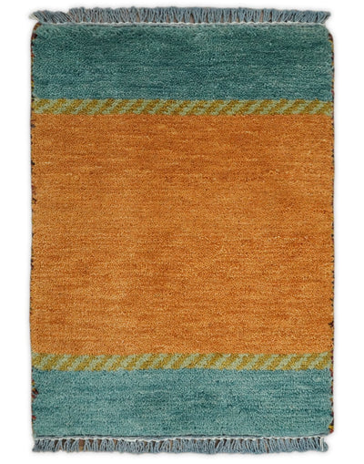 Small 1.5x2 Gold and Blue Wool Hand Knotted traditional Vintage Antique Southwestern Tribal Gabbeh | TRDCP355152 - The Rug Decor