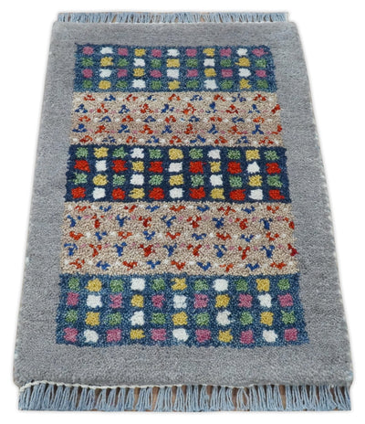 Small 1.5x2 Gray, Blue and Camel Wool Hand Knotted traditional Vintage Antique Southwestern Tribal Gabbeh | TRDCP566152 - The Rug Decor
